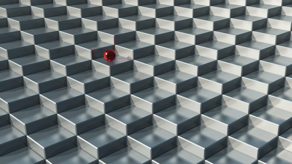 4K minimalist wallpaper with metallic silver cubes grid and a vibrant red sphere contrast background