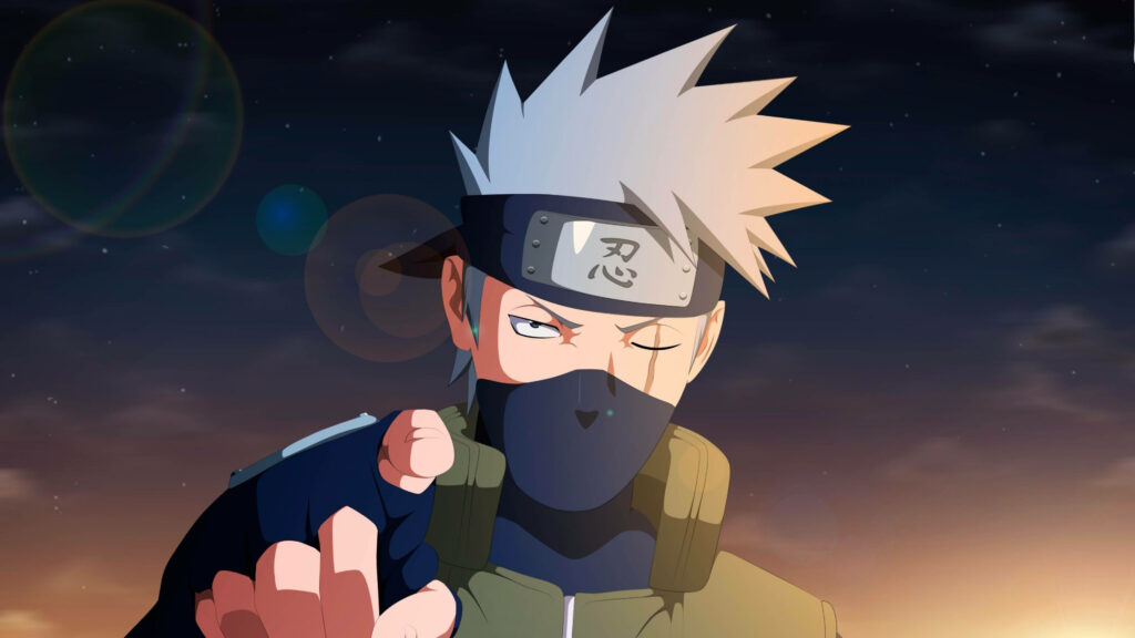 Kakashi Hatake anime wallpaper with silver hair mask intense pose twilight sky sunlight flare