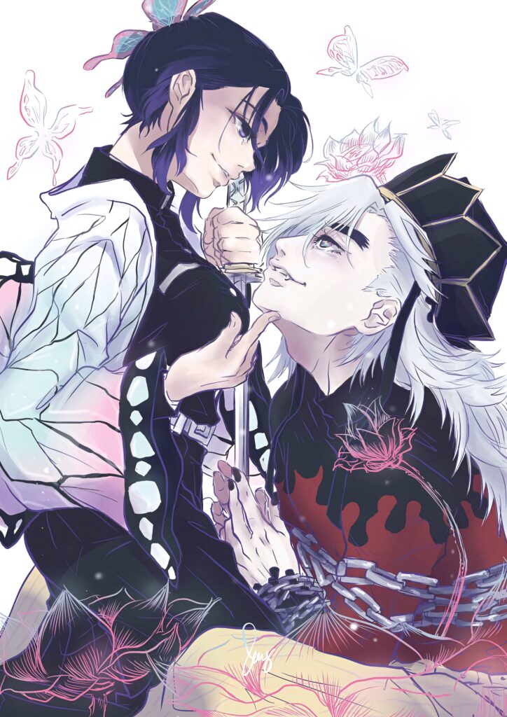 Shinobu and Douma intense standoff with glowing butterflies pastel colors silver chains detailed art Wallpaper