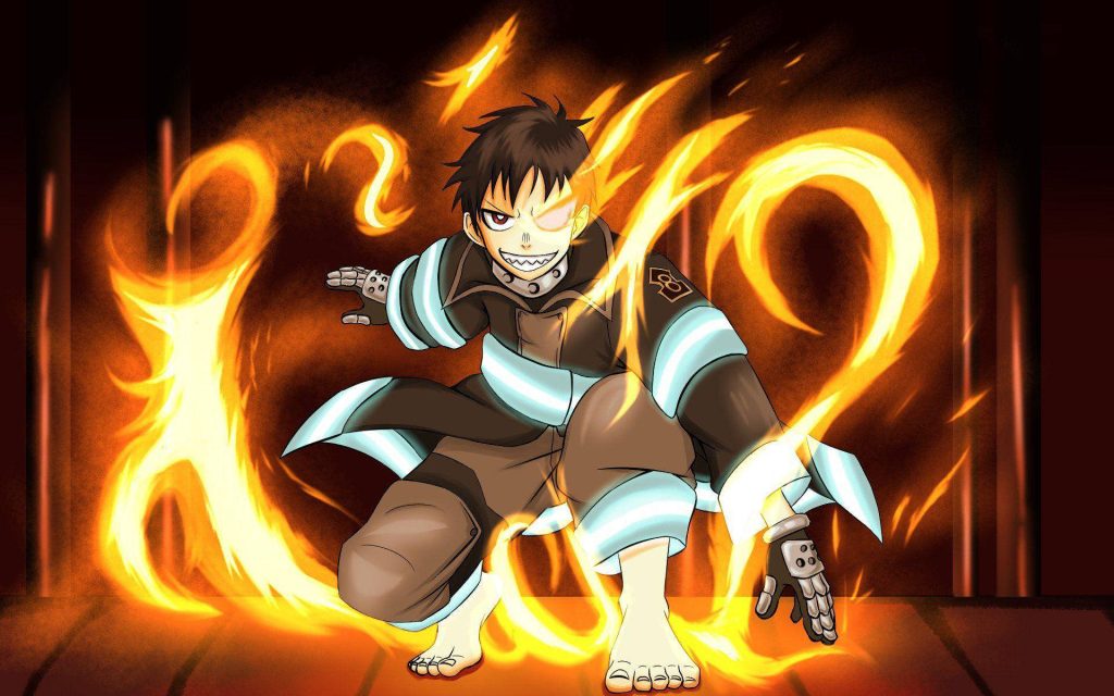 Shinra Kusakabe Fire Force anime wallpaper with fiery aura and dynamic action pose in black gear