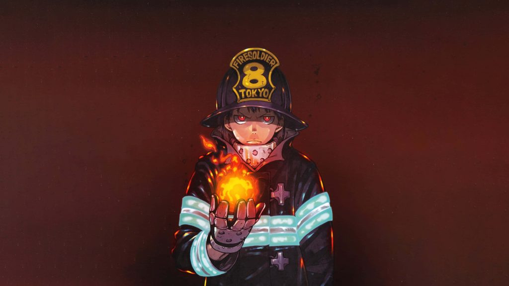 Shinra Kusakabe Fire Force anime wallpaper glowing fireball dark fiery orange background