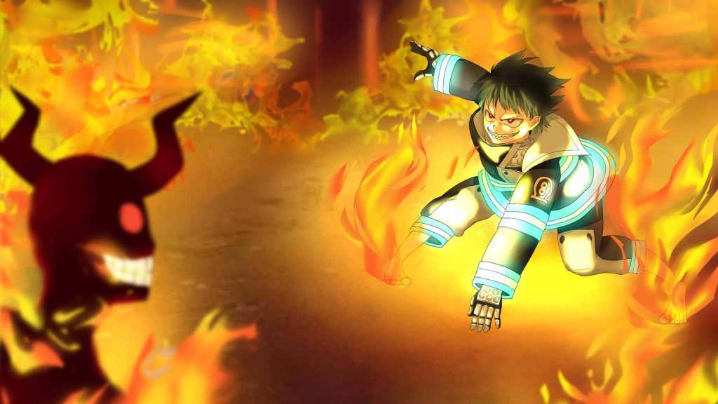 Shinra Kusakabe from Fire Force battles horned Infernal demon in blazing orange flames wallpaper