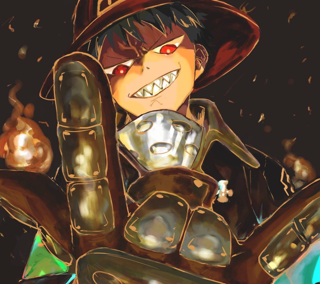 Shinra Kusakabe close-up with glowing red eyes embers and firefighter uniform Fire Force wallpaper