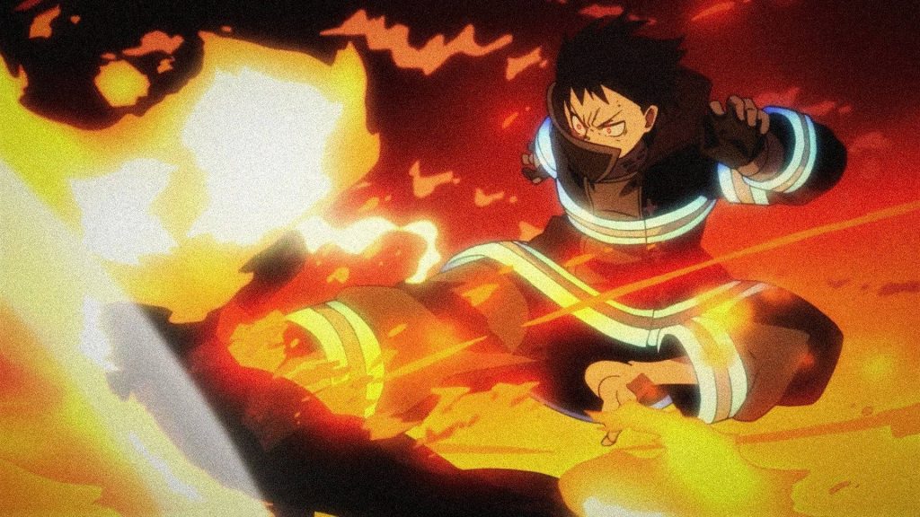 Fire Force Shinra Kusakabe in black uniform with vibrant fiery orange red flames action wallpaper