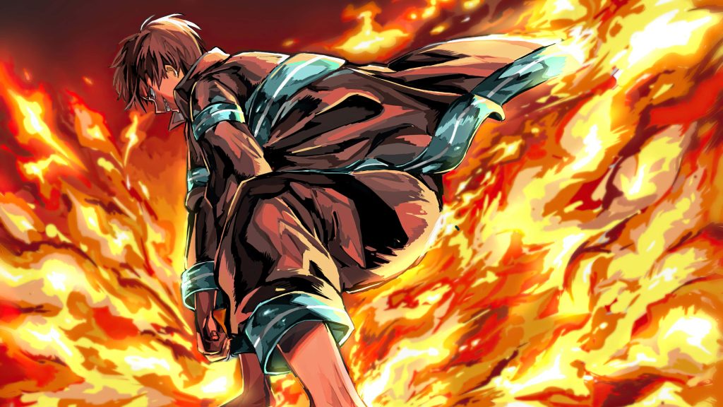 Shinra Kusakabe Fire Force anime character in black firefighter uniform amid raging flames wallpaper