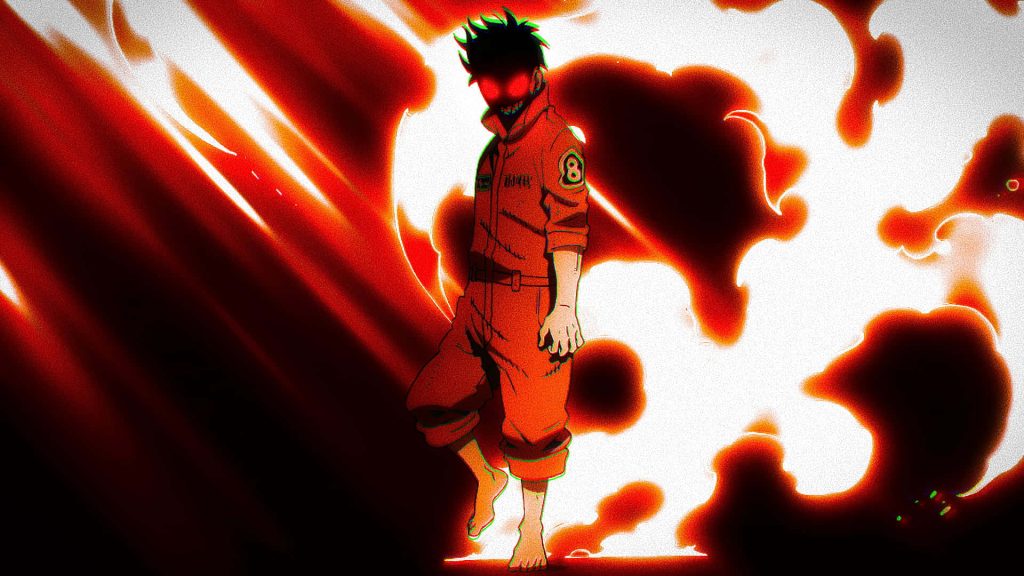 Shinra Kusakabe in Company 8 uniform with glowing red eyes and explosive flames background Wallpaper