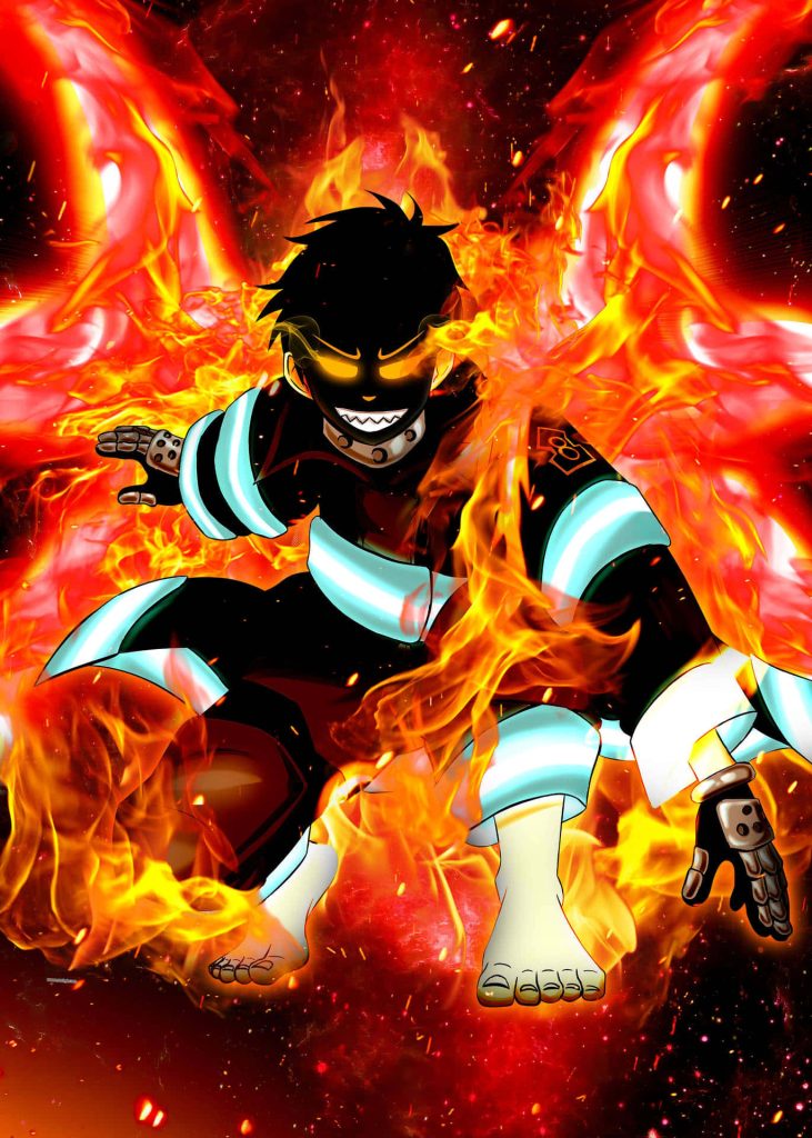 Shinra Kusakabe Fire Force wallpaper flaming intense anime protagonist glowing eyes grin