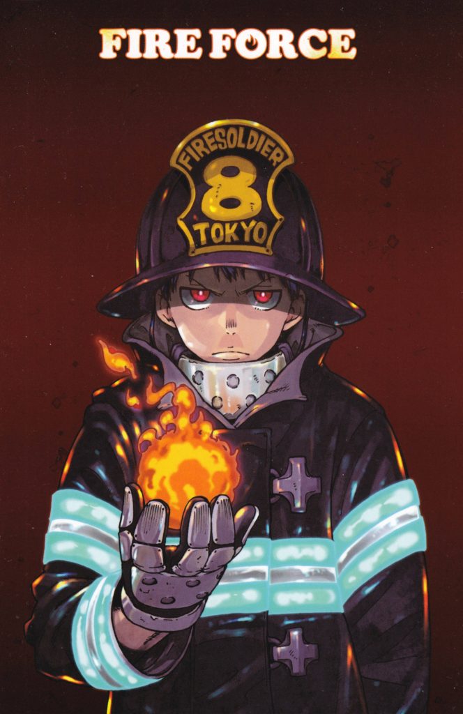 Shinra Kusakabe Fire Force wallpaper in firefighting gear with glowing flame and red eyes
