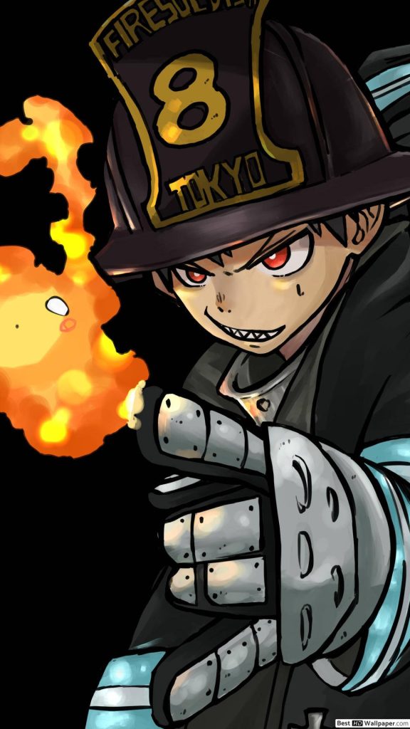 Shinra Kusakabe from Fire Force flames ignite bold firefighter gear anime wallpaper background