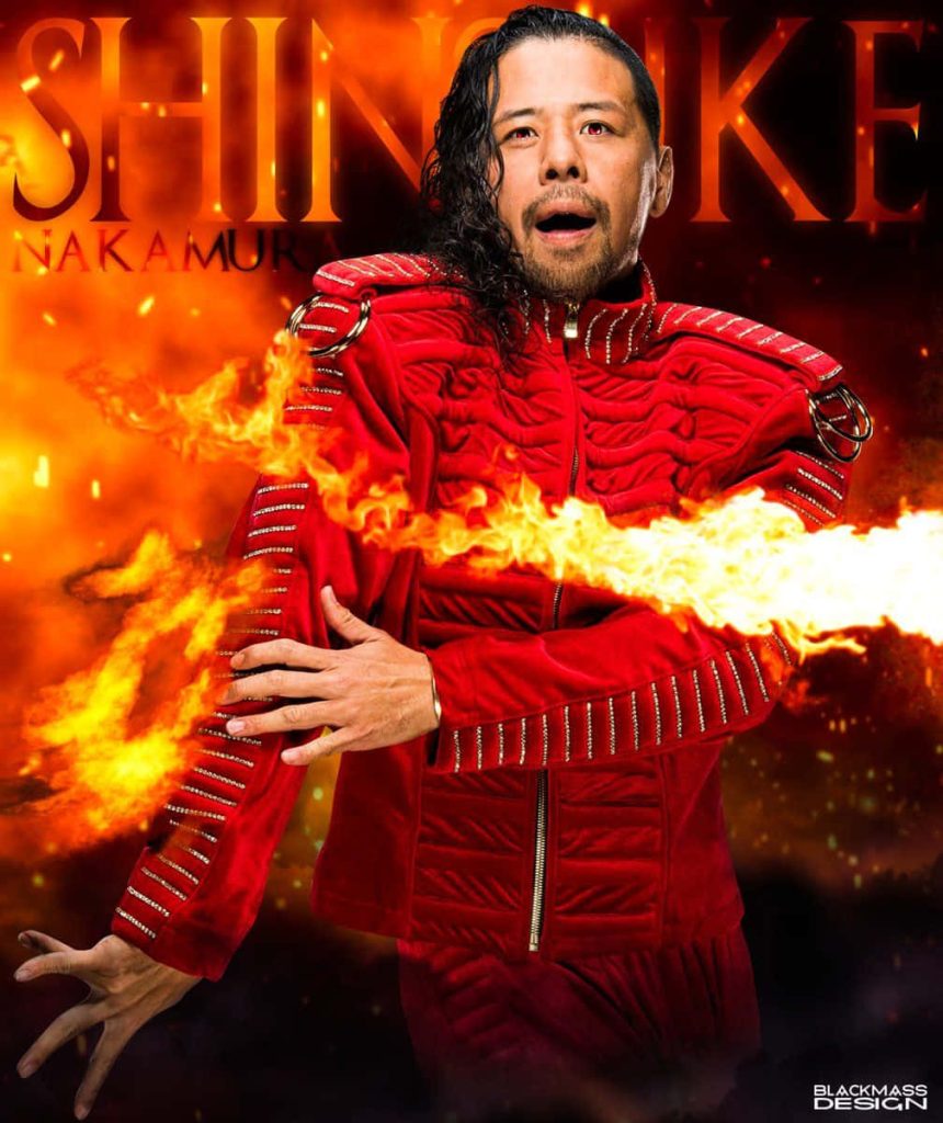 Shinsuke Nakamura WWE wallpaper fiery backdrop red jacket intense wrestling superstar poster