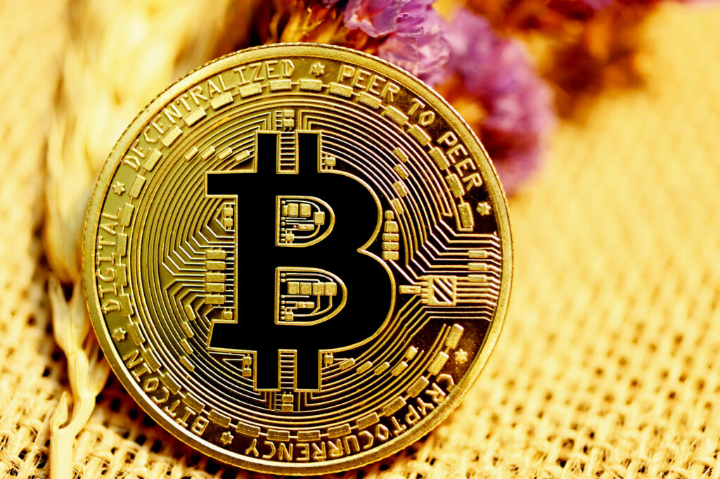 Shiny Bitcoin coin on natural textured background symbolizing secure cryptocurrency investment Wallpaper