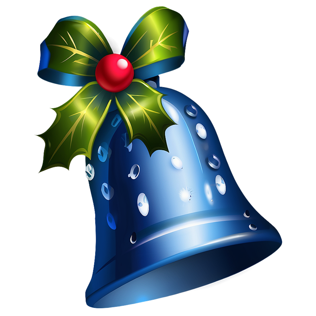 Shiny Blue Christmas Bell Wallpaper with Green Ribbon & Holly