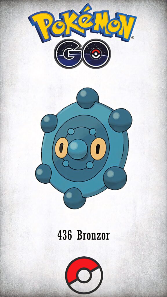 Shiny Bronzor Pokemon Go wallpaper metallic blue psychic steel type with white background