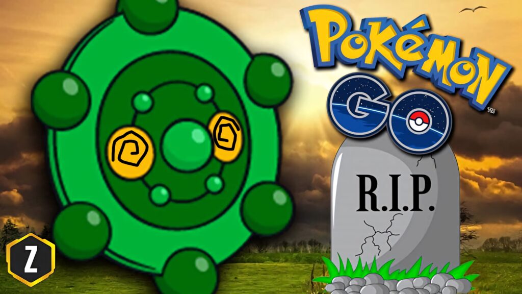 Shiny Bronzor Rip Pokemon Go wallpaper with glowing eyes tombstone sunset sky background