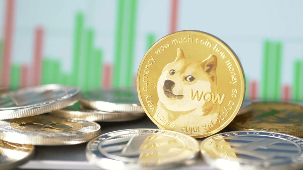 Shiny Dogecoin token on blurred financial graph background digital currency market trends wallpaper