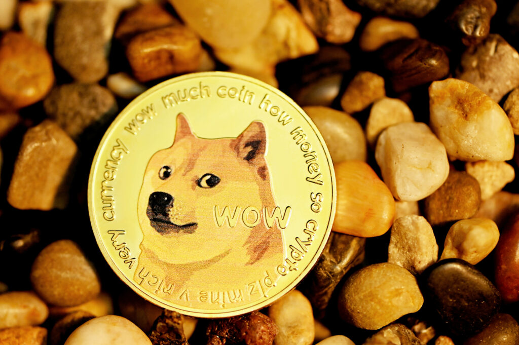 Shiny Dogecoin with Shiba Inu and comic sans text on colorful pebbles cryptocurrency wallpaper