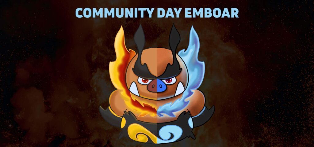 Shiny Emboar wallpaper with vibrant fire orange and icy blue flames on dark background