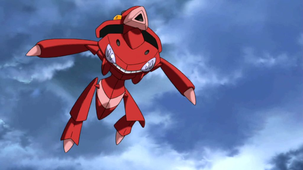 Shiny Genesect flying against a dramatic overcast blue sky Pokémon anime wallpaper background