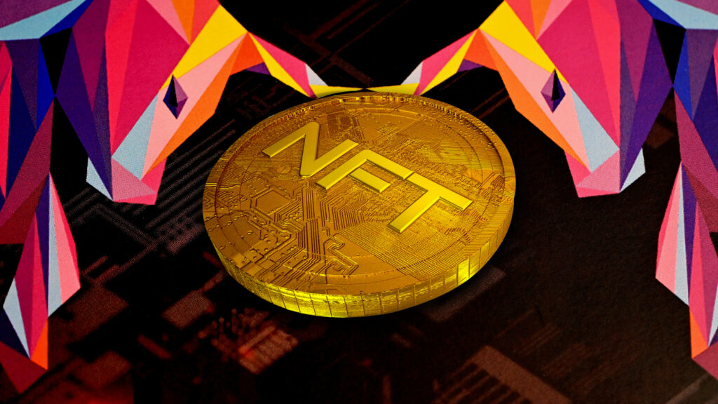Digital art wallpaper with shiny gold NFT coin on vibrant abstract geometric background