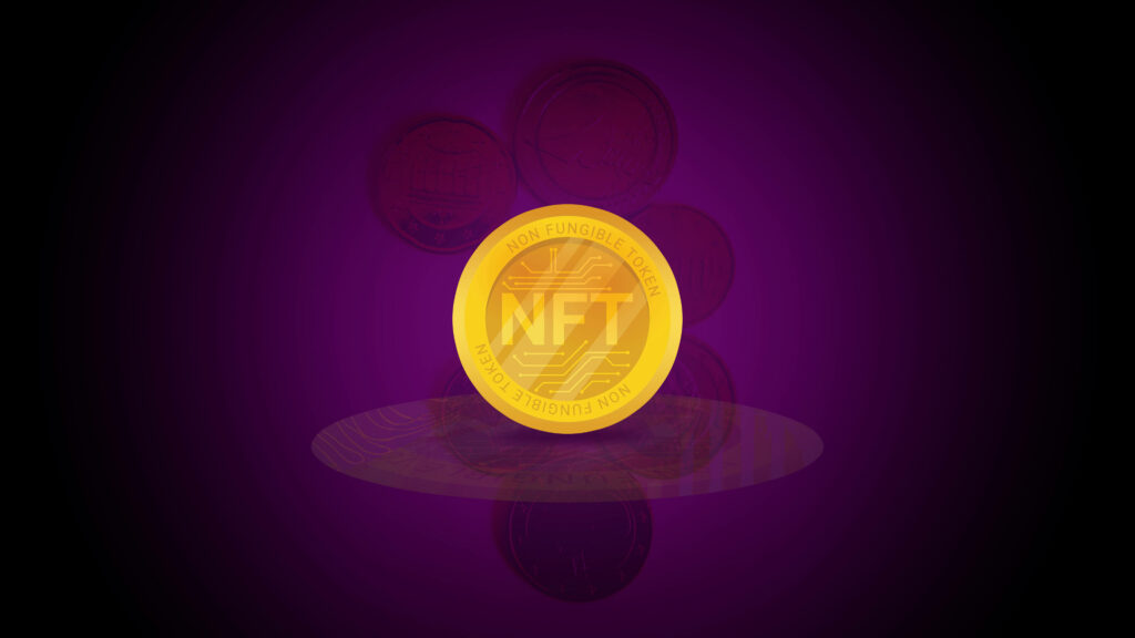 Shiny gold NFT coin centered on deep purple digital wallpaper background modern design
