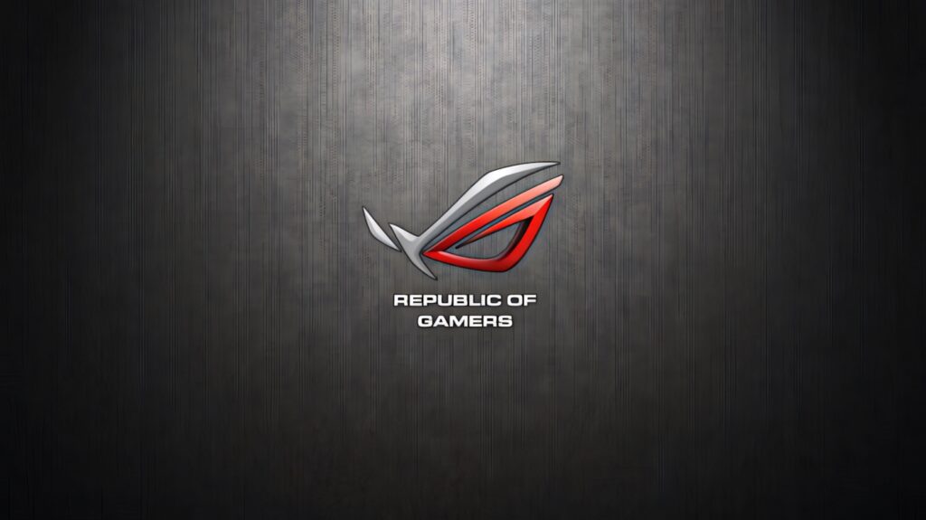 Shiny gray Asus ROG logo with metallic finish on textured dark background gaming wallpaper