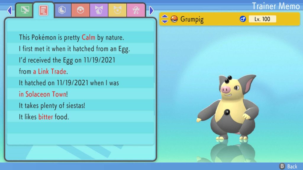 Screenshot of level 100 Shiny Grumpig Trainer Memo in Pokémon Brilliant Diamond Shining Pearl Wallpaper