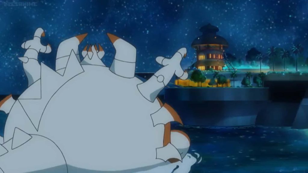 Shiny Guzzlord anime wallpaper overlooking tropical Alola island with glowing resort at night
