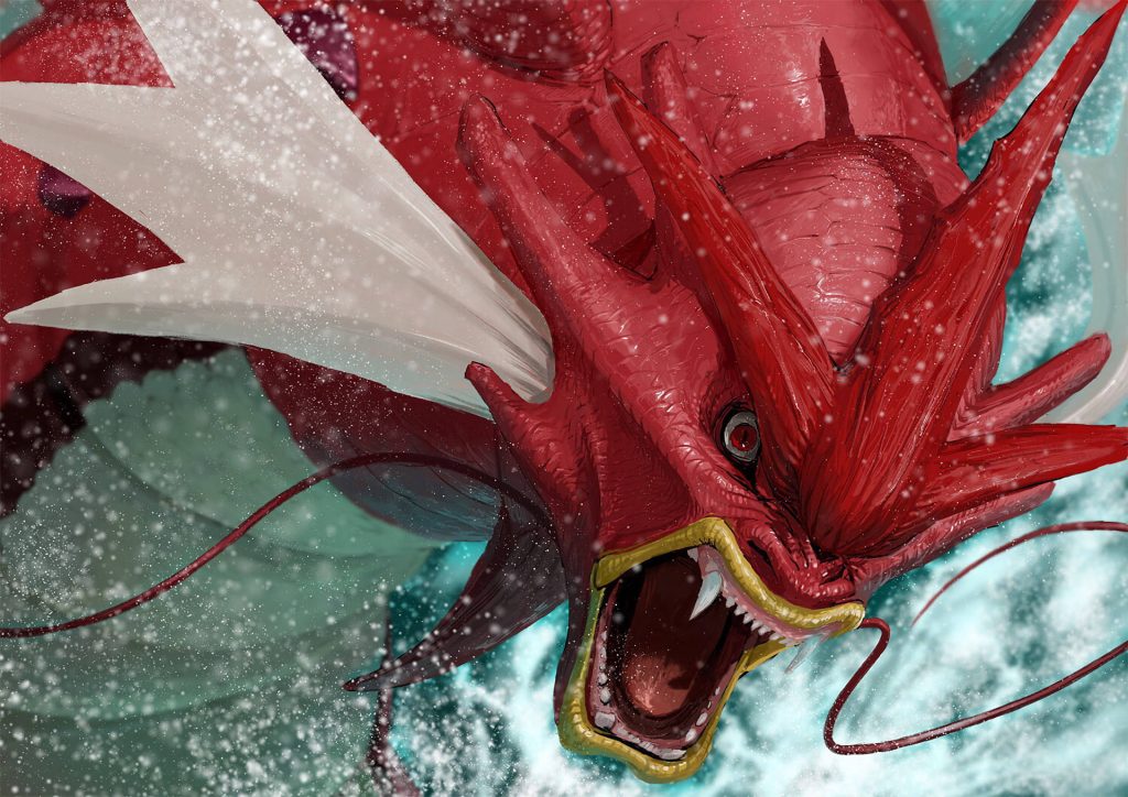 Shiny Gyarados bursting from blue water with fierce expression detailed red scales wallpaper