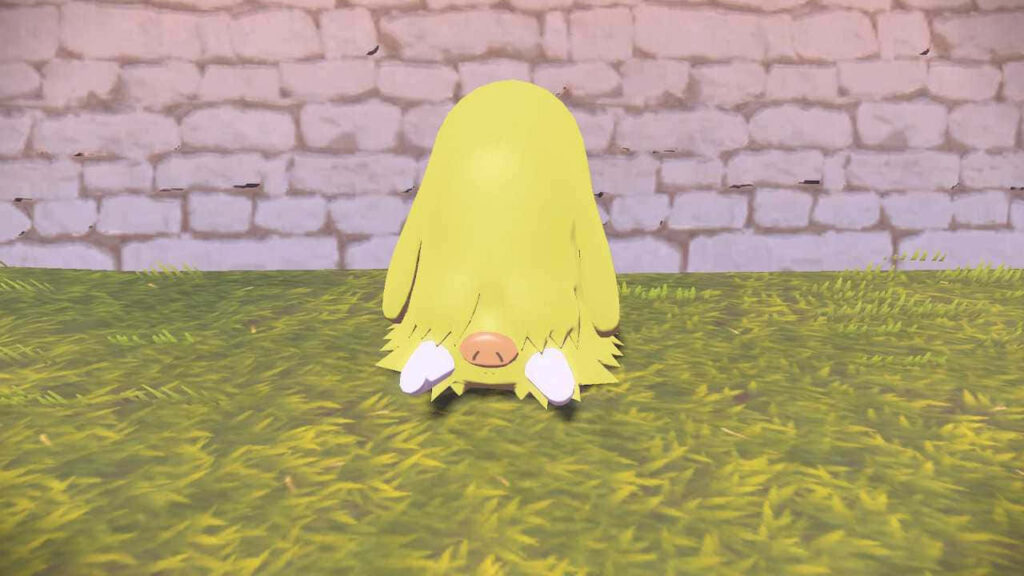 Shiny Piloswine 3D Wallpaper: Grassy Field & Stone Wall Background