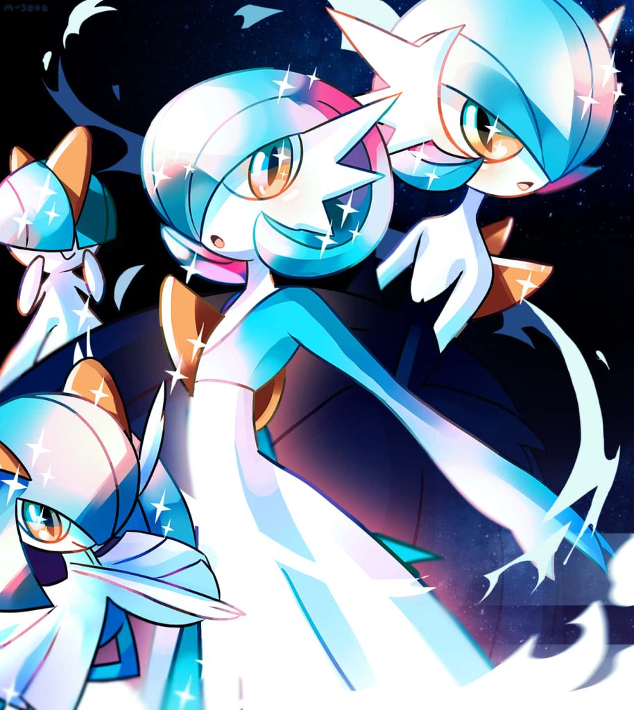Shiny Ralts Kirlia Gardevoir digital art wallpaper cosmic background sparkling blue accents