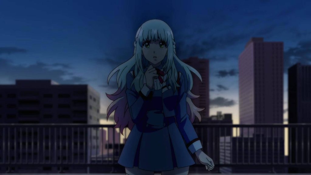 Shinzaki Kuon anime rooftop twilight cityscape wallpaper high-rise invasion digital art