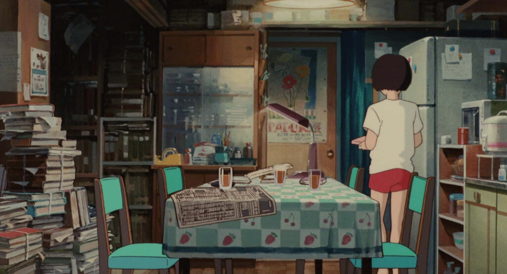Shizuku Tsukishima in cozy kitchen with books checkered tablecloth morning light wallpaper
