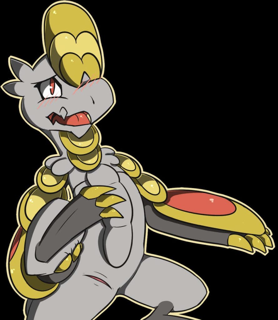 Shocked blushing Hakamo-o Pokémon with golden armor on black background digital art wallpaper