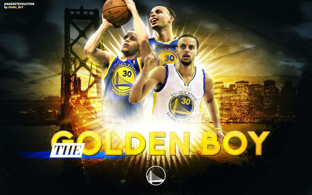 Golden Glory: Stephen Curry Shines in Blue and White Jersey Amidst Iconic Golden Gate Bridge Background Wallpaper