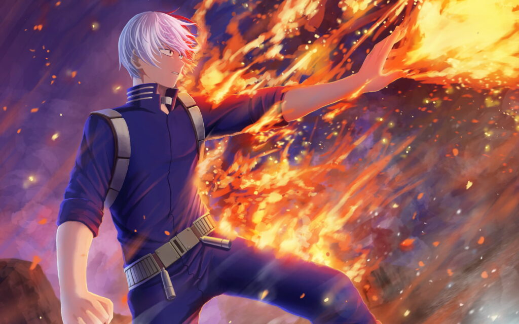 Fiery Encounter: Shoto Todoroki Embracing his Power in Stunning HD 3D Manga Art Wallpaper