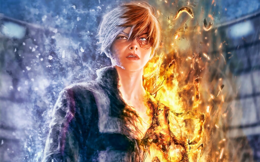 Flames Collide with Icy Streams: Shoto Todoroki Unleashed! – Stunning HD Manga Artwork of My Hero Academia's Dual-Element Hero Wallpaper