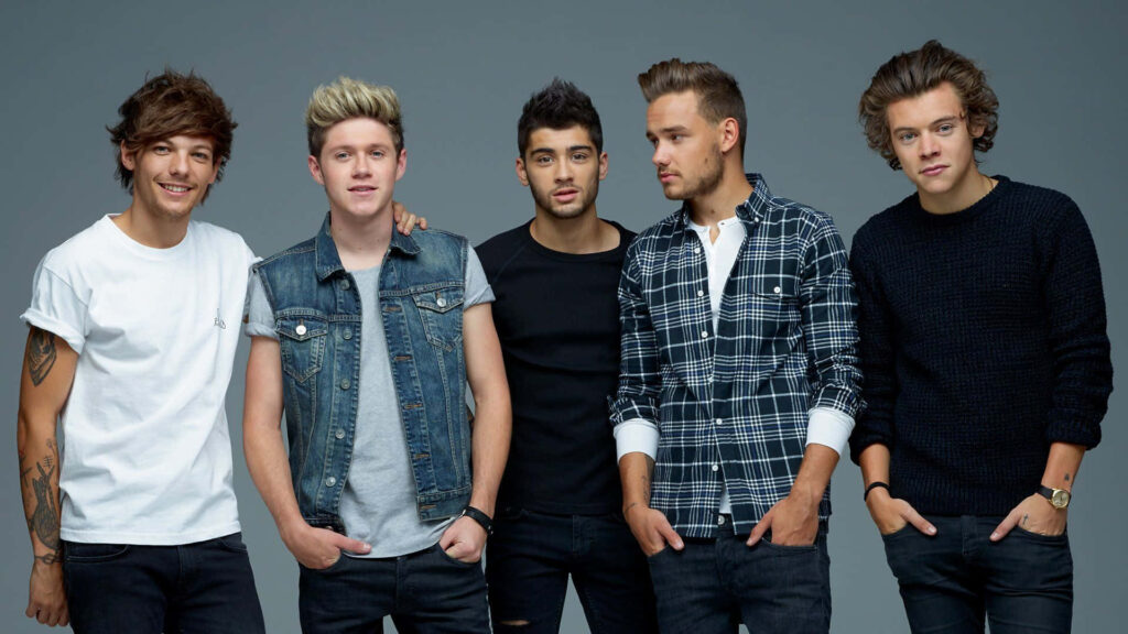 Stylish One Direction Band Members in Group Pose Against Plain Background Wallpaper