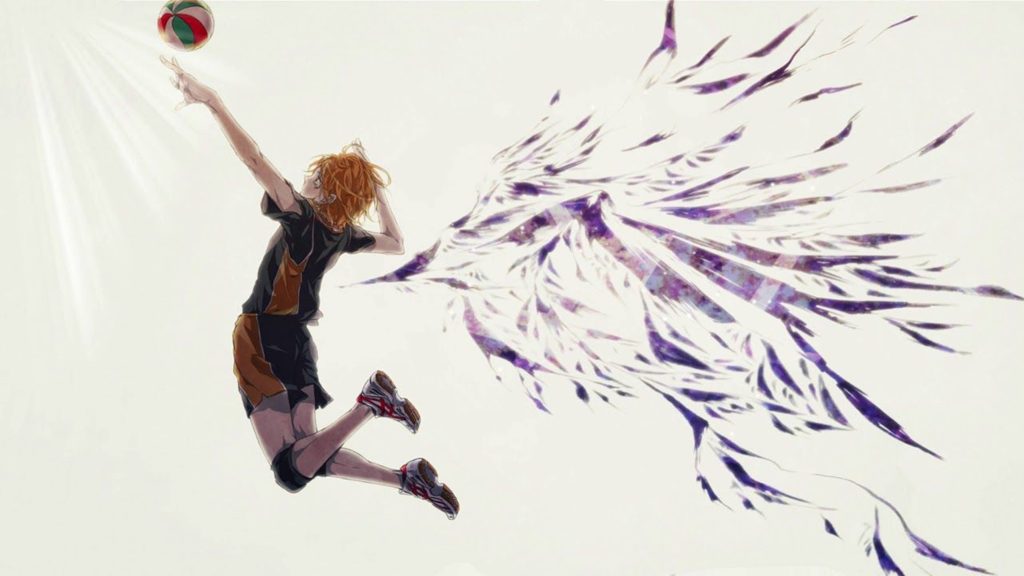 Haikyuu Shoyo Hinata soaring midair with purple wings high resolution anime wallpaper background