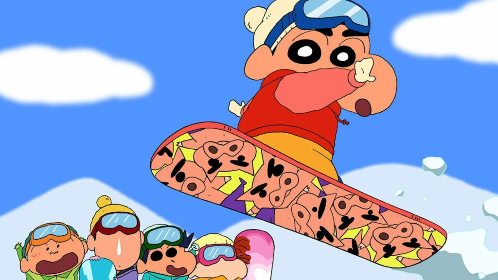 Crayon Shinchan snowboarding in red hoodie with friends cheering snowy mountains blue sky wallpaper