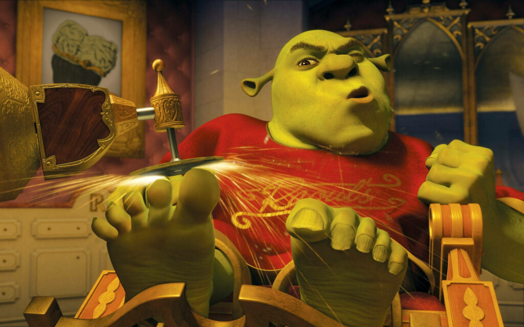 Humorous Shrek 4K Wallpaper: Iconic Scene with Toenail Care