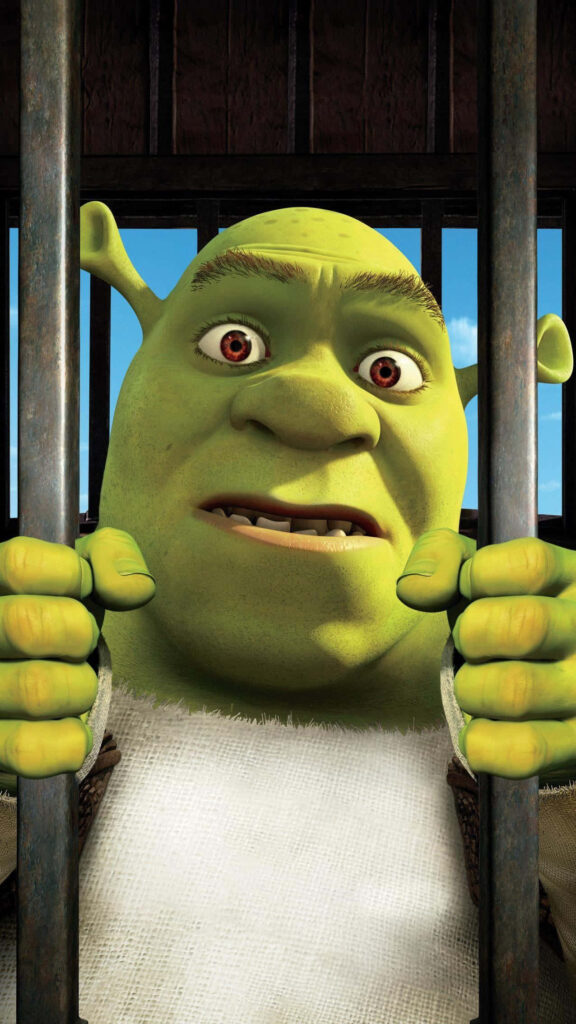 Shrek Wallpaper: Iconic Green Ogre Behind Bars with Charm