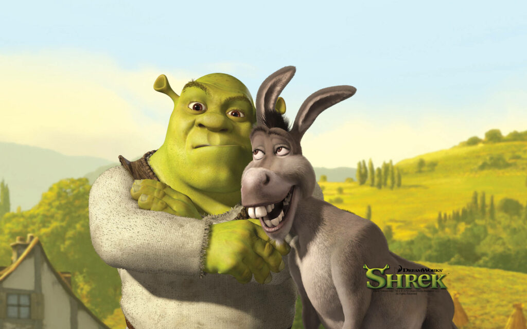 Shrek & Donkey's Playful Bond in Scenic Countryside Wallpaper