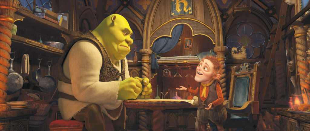 Shrek & Rumpelstiltskin in a Cozy, Whimsical Room Scene Wallpaper