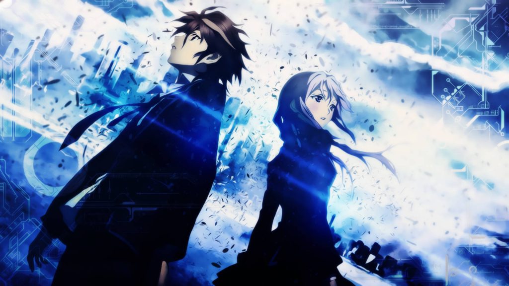 Shu Ouma and Inori Yuzuriha with glowing blue circuits digital particles Guilty Crown wallpaper