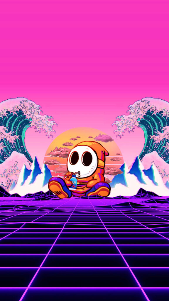 Shy Guy's Charming Sojourn: A Dreamy Vaporwave Landscape with Majestic Waves and Mountains Wallpaper
