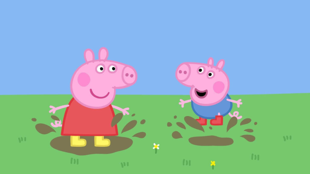 Giggles and Sibling Bonding: George and Peppa Pig Delight in a Muddy Puddle Adventure Wallpaper