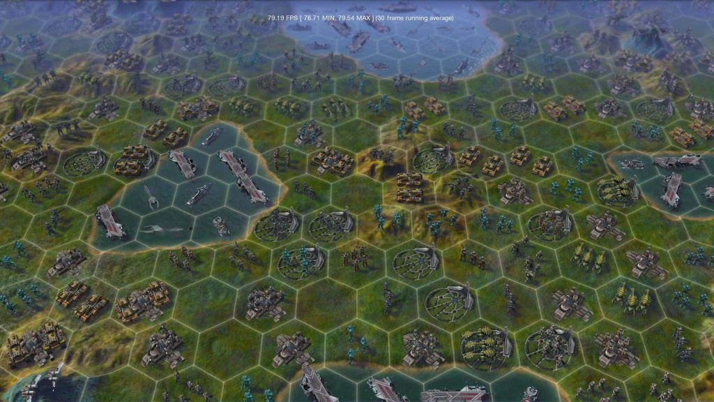 Isometric hex map with futuristic mechs naval ships and FPS counter from Civilization Beyond Earth Wallpaper