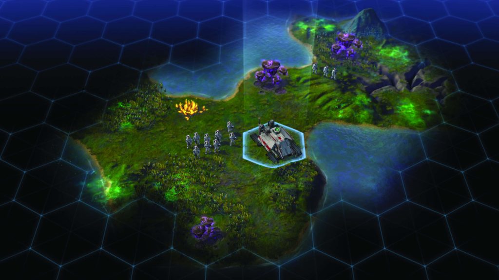 Isometric hex map with futuristic armored vehicle and infantry on glowing alien landscape wallpaper