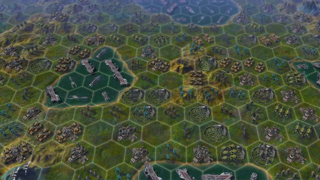Isometric hex grid map with futuristic military units and bases in Civilization Beyond Earth wallpaper