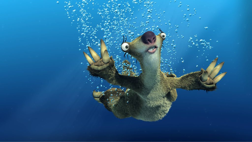 Sid the Sloth submerged in blue water with bubbles and light rays Ice Age 3D wallpaper